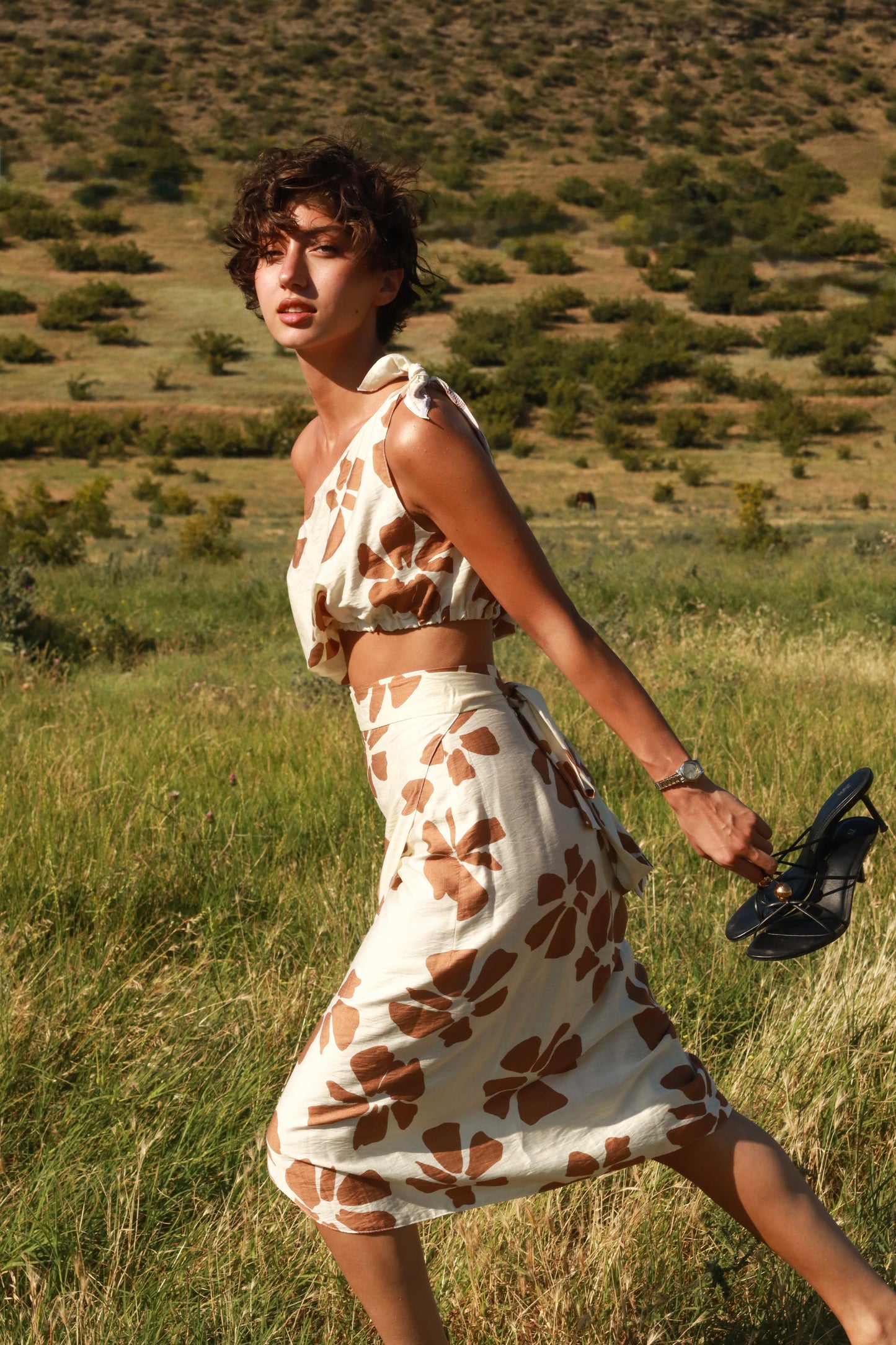 Brown flowers print pareo and top