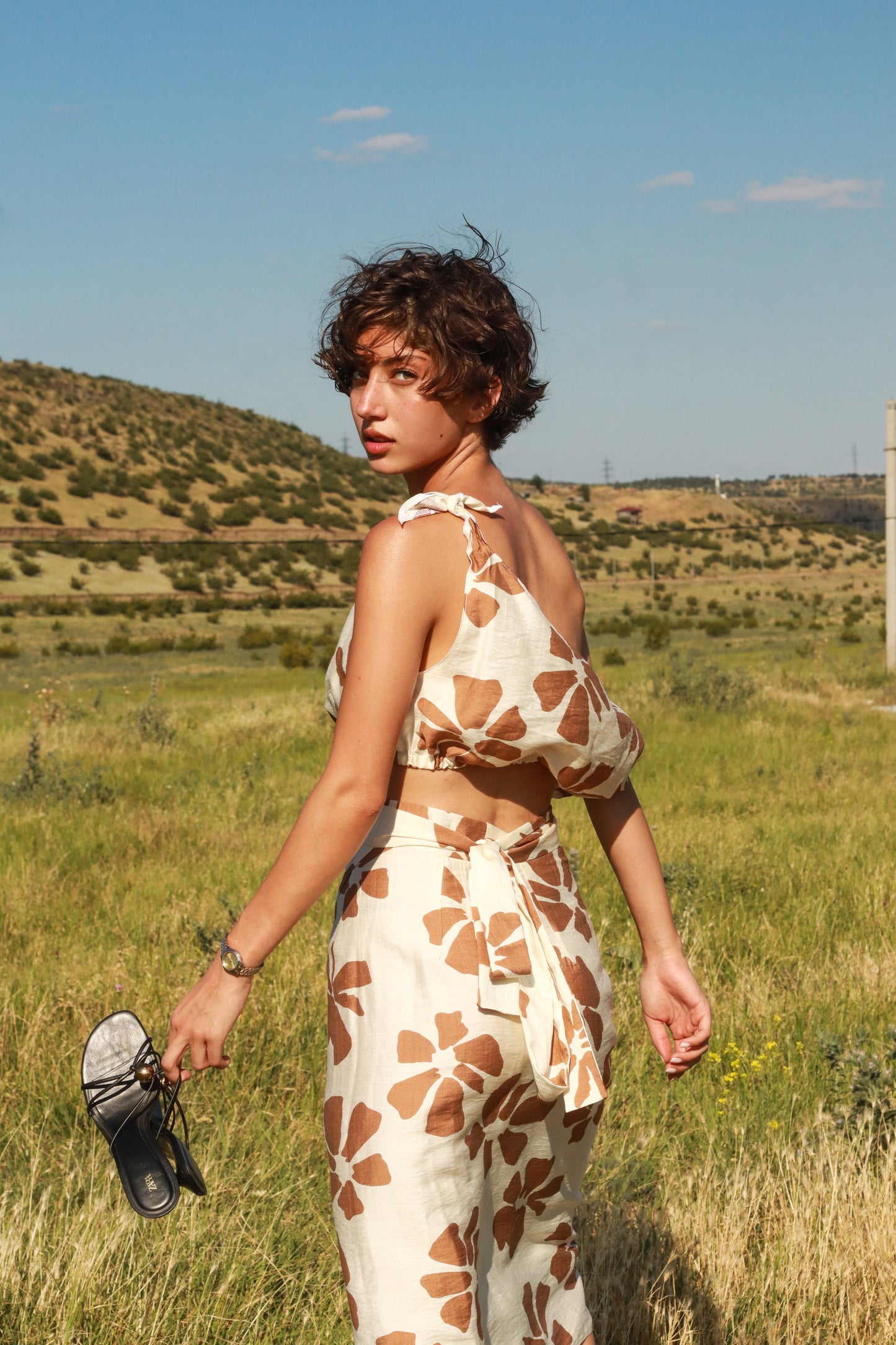 Brown flowers print pareo and top