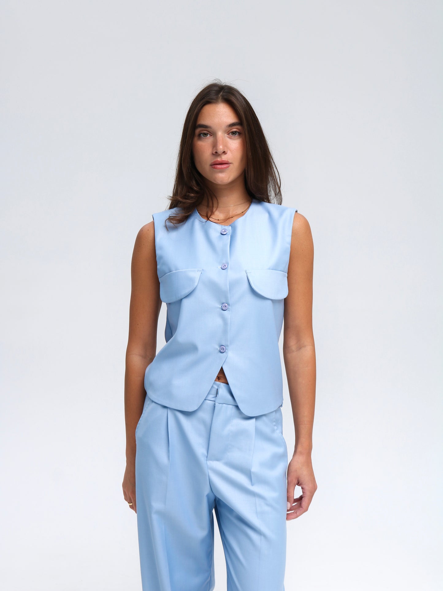 ცისფერი სამეული შარვლით და შორტით/Baby blue set with pants and shorts