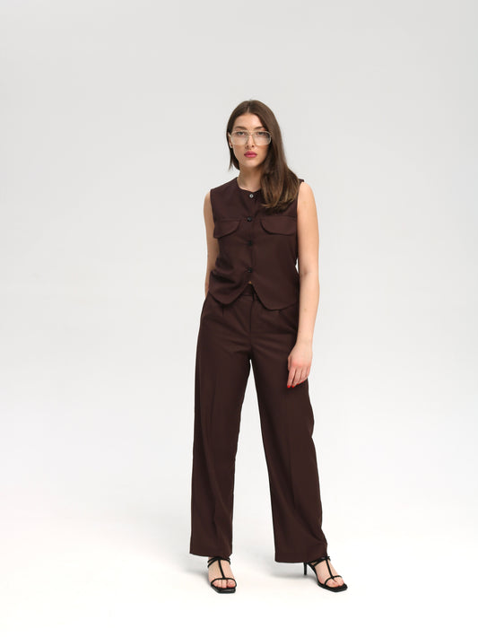 მუქი ყავისფერი სამეული შორტით და შარვლით/Dark brown set with shorts and pants