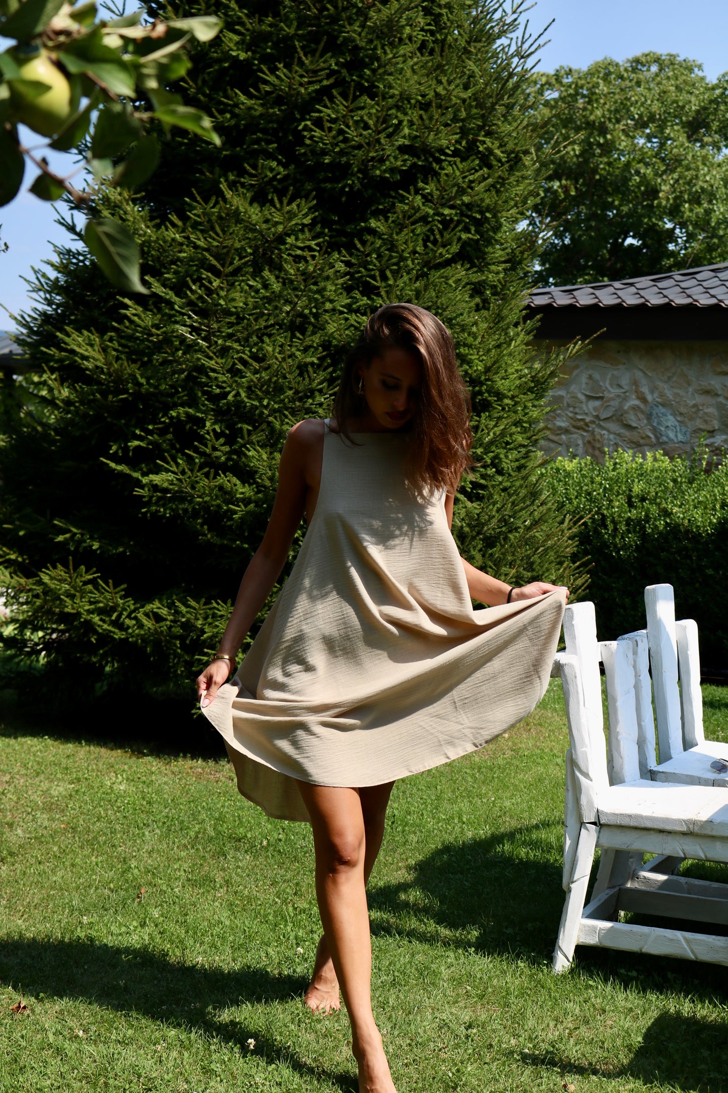 კრემისფერი ტილოს კაბა თასმებით/Creamy canvas dress with straps