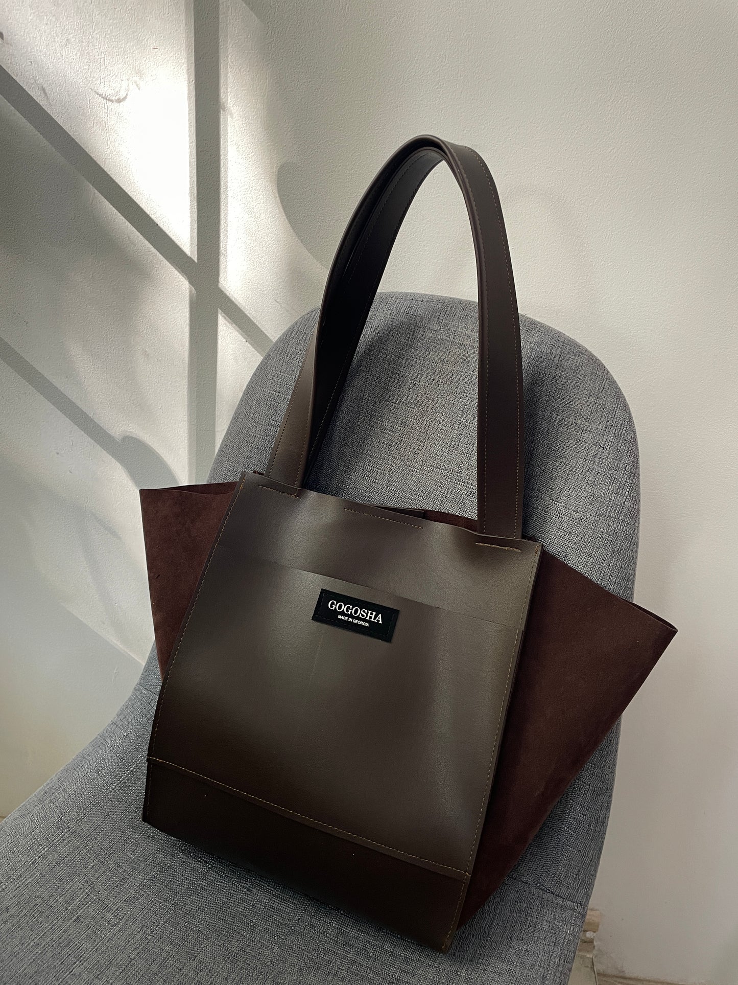 Tote ჩანთა-ეკო-ტყავის და ეკო-ზამშის კომბინაცია/Tote bag-eco-Leather and eco-suede combination