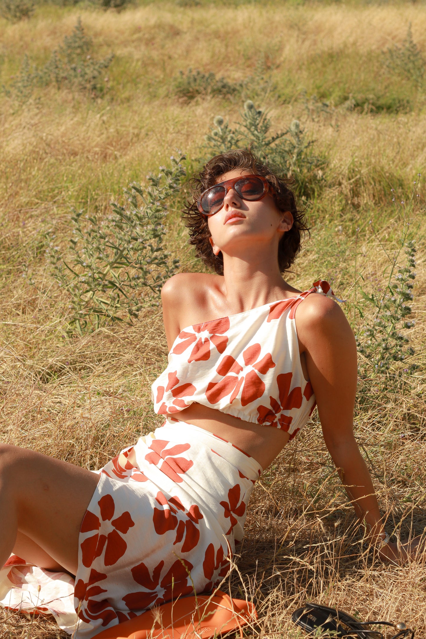 Orange flowers print pareo and top
