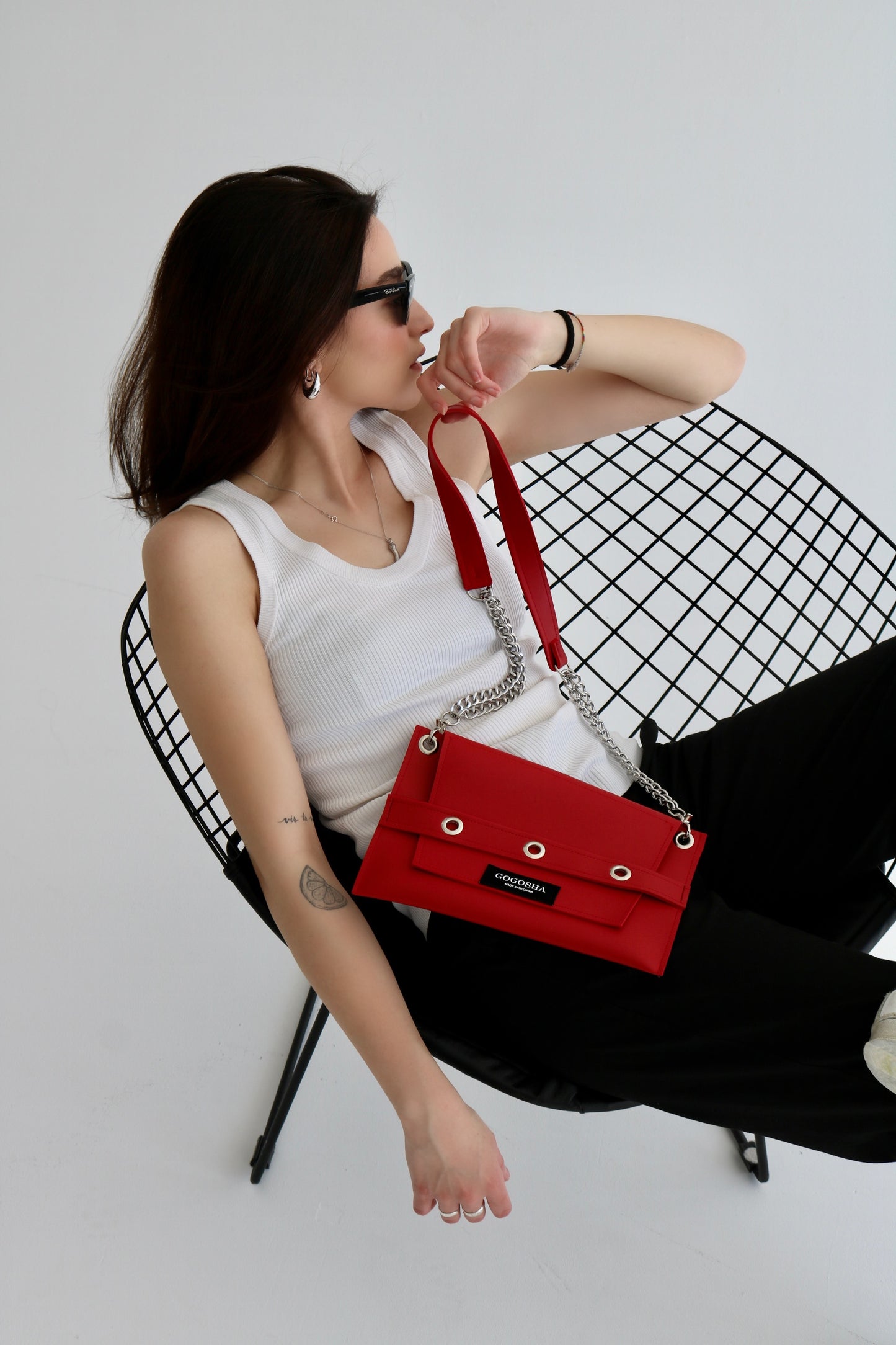 წითელი პატარა მეტალებიანი ჩანთა “Elly”/Red small size metal bag “Elly”