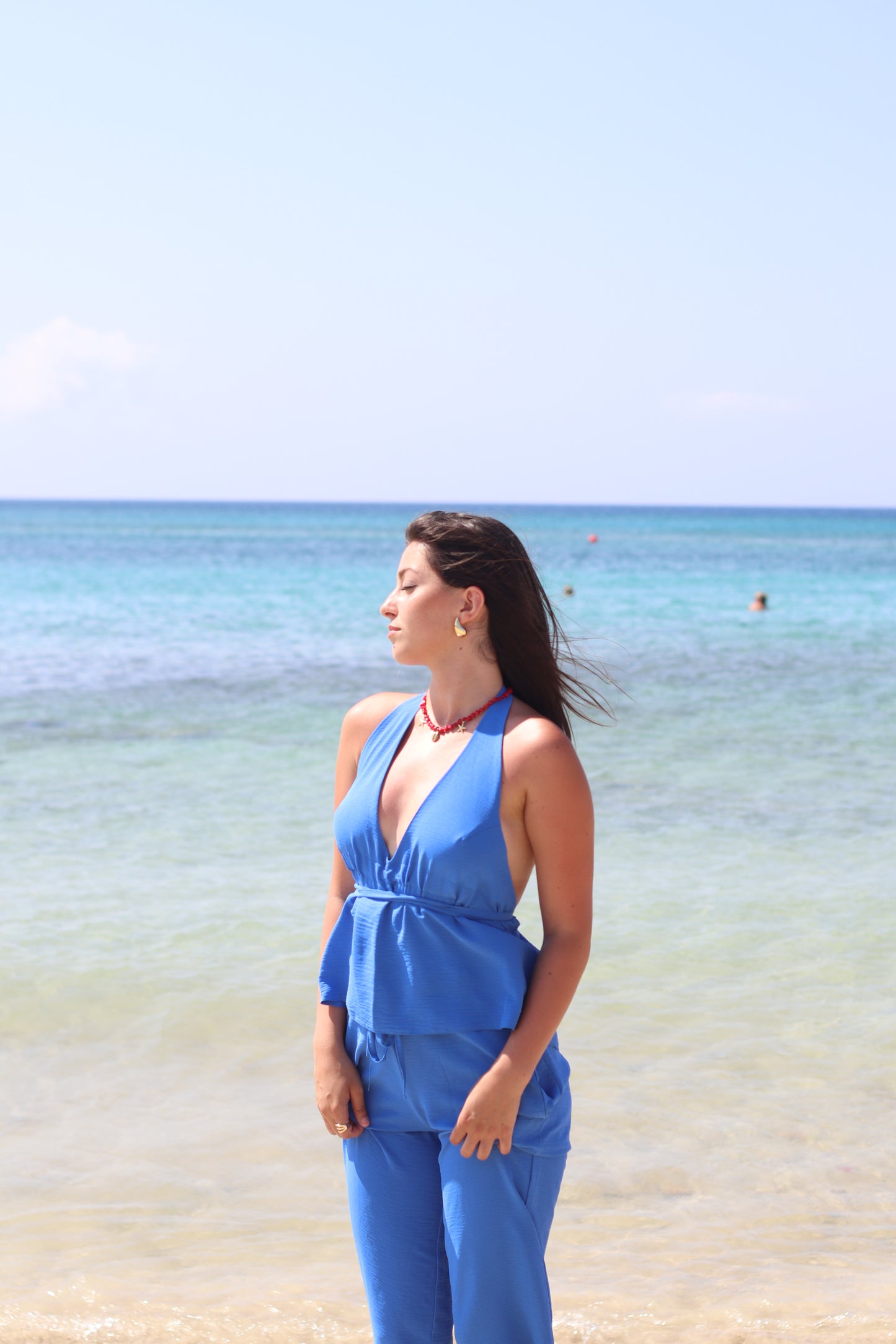 ლურჯი ტილოს ორეული (შარვალი და ტოპი)/ Blue canvas set (Pants and top)