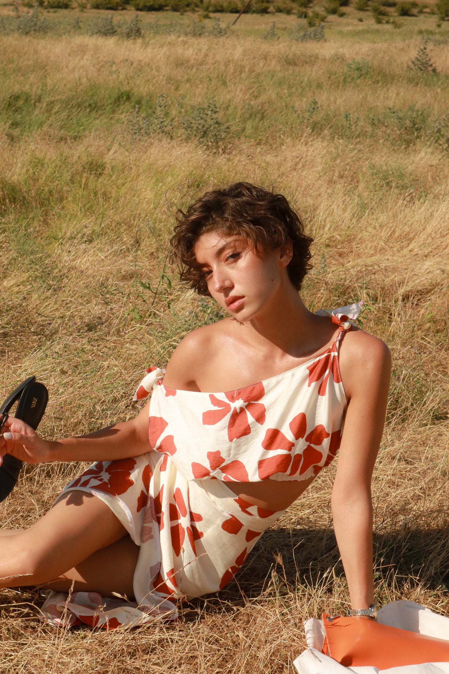 Orange flowers print pareo and top